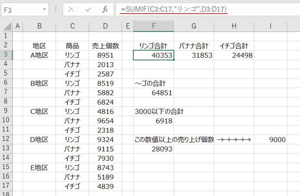 関数sumifを用いた入力の事例