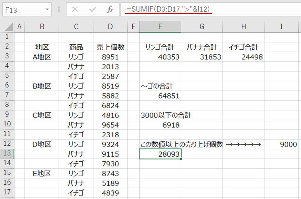 関数sumif特性セル参照による検索条件指定